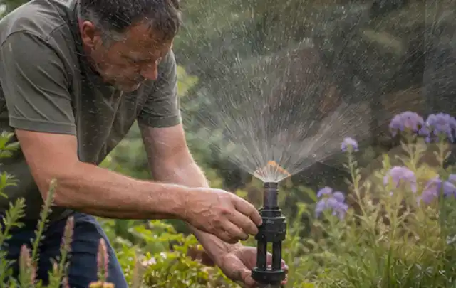 Person richtet einen laufenden Gartensprenger zwischen Stauden präzise aus; Thema Spielrasen, Schwerpunkt Nachsaat; Umsetzung.