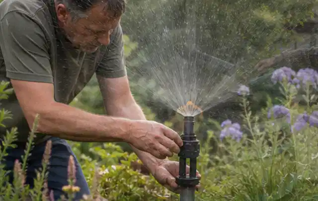 Person richtet einen laufenden Gartensprenger zwischen Stauden präzise aus; Thema Spielrasen, Schwerpunkt Neuanlage; Umsetzung.