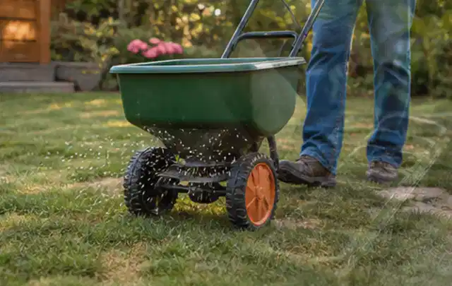Person verteilt Rasensamen mit einem Streuwagen auf einer lückigen Fläche; Thema Spielrasen, Schwerpunkt Rasen; Umsetzung.