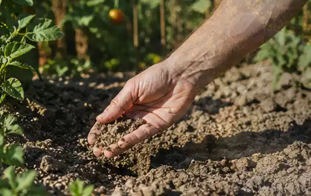 Hand prüft trockene krümelige Gartenerde während einer warmen Sommerphase; Thema Spielrasen, Schwerpunkt Rasen; Kontrolle.