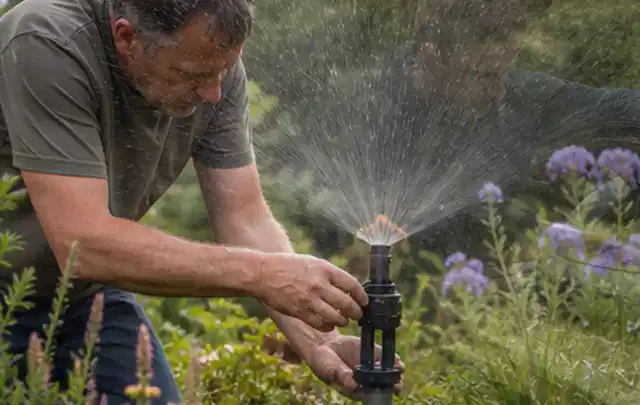 Person richtet einen laufenden Gartensprenger zwischen Stauden präzise aus; Thema Spielrasen, Schwerpunkt Rasen; Ergebnis.
