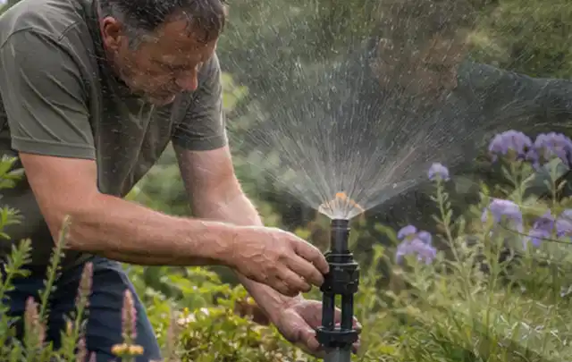 Person richtet einen laufenden Gartensprenger zwischen Stauden präzise aus; Thema Spielrasen, Schwerpunkt Rasengesundheit; Umsetzung.