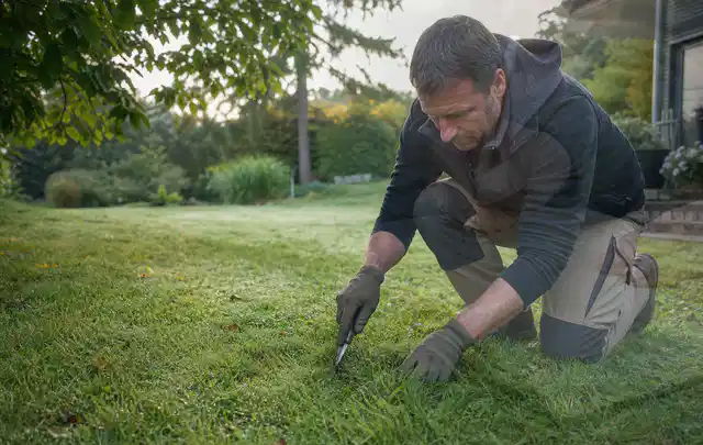 Person prüft den Boden einer gepflegten Rasenfläche im Garten; Thema Spielrasen, Schwerpunkt Rasenschnitt; Ausgangslage.