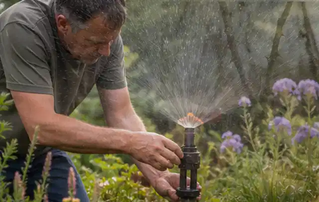Person richtet einen laufenden Gartensprenger zwischen Stauden präzise aus; Thema Spielrasen, Schwerpunkt Rasenschnitt; Umsetzung.