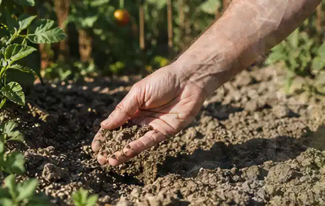 Hand prüft trockene krümelige Gartenerde während einer warmen Sommerphase; Thema Spielrasen, Schwerpunkt Rasenschnitt; Kontrolle.