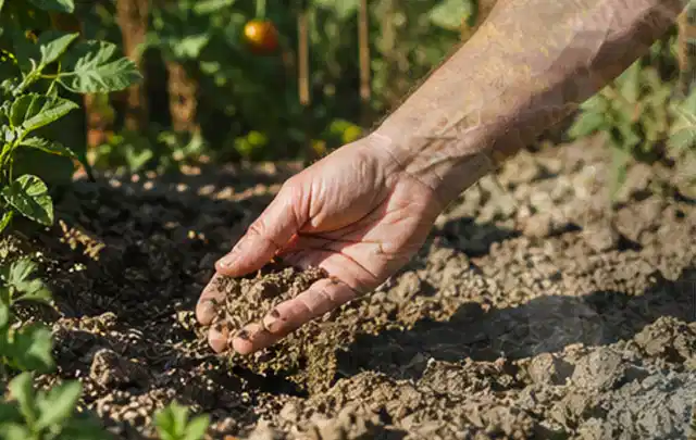 Hand prüft trockene krümelige Gartenerde während einer warmen Sommerphase; Thema Spielrasen, Schwerpunkt Sommerpflege; Ausgangslage.