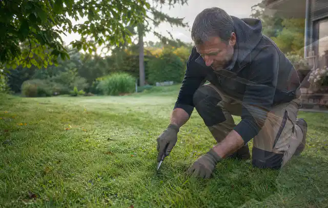 Person prüft den Boden einer gepflegten Rasenfläche im Garten; Thema Spielrasen, Schwerpunkt Sommerpflege; Kontrolle.