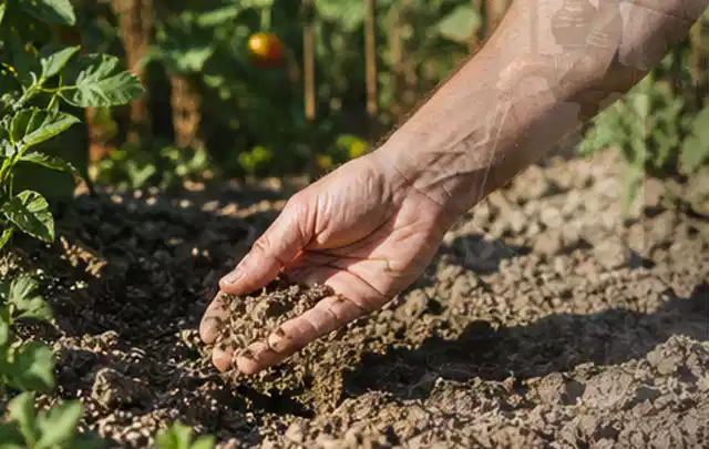 Hand prüft trockene krümelige Gartenerde während einer warmen Sommerphase; Thema Spielrasen, Schwerpunkt Unkraut; Ergebnis.