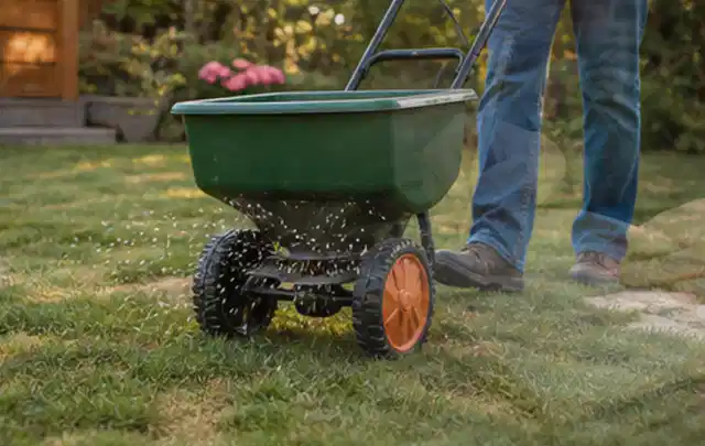 Person verteilt Rasensamen mit einem Streuwagen auf einer lückigen Fläche; Thema Spielrasen, Schwerpunkt Unkraut; Praxisalltag.