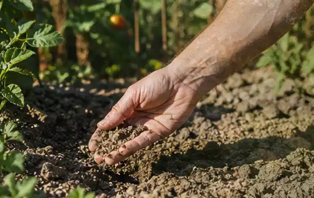 Hand prüft trockene krümelige Gartenerde während einer warmen Sommerphase; Thema Spielrasen, Schwerpunkt Winterpflege; Ergebnis.