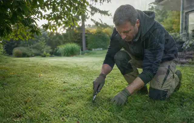 Person prüft den Boden einer gepflegten Rasenfläche im Garten; Thema Spielrasen, Schwerpunkt Winterpflege; Praxisalltag.
