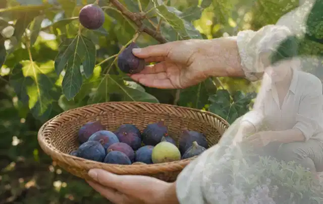 Hand pflückt eine reife Feige über einem flachen Korb mit Früchten; Thema Spinat, Schwerpunkt Boden; Ausgangslage.