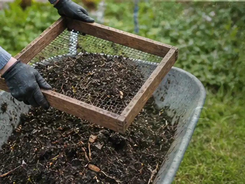 Behandschuhte Hände sieben reifen Kompost über einer Gartenschubkarre; Thema Spinat, Schwerpunkt Einsteigerwissen; Titelbild.