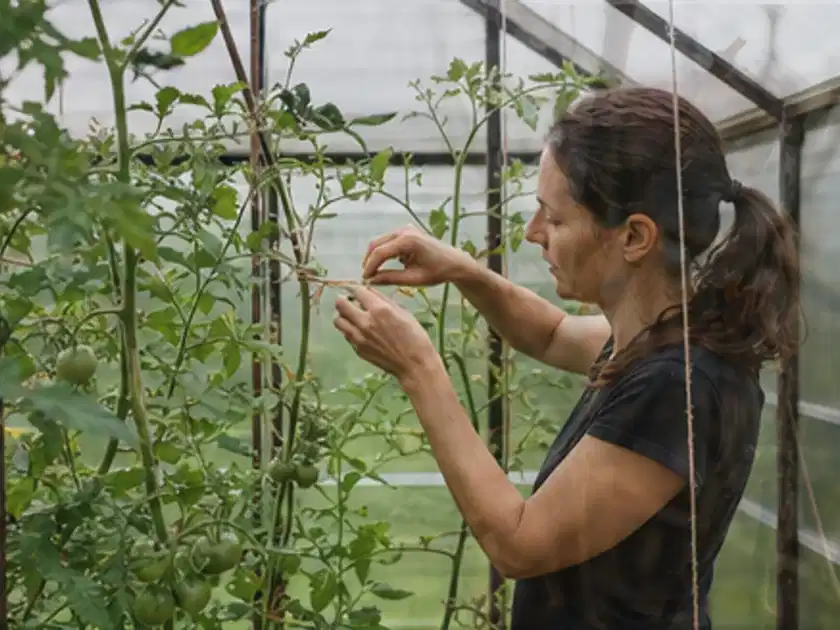 Person bindet junge Tomatentriebe in einem privaten Gewächshaus vorsichtig an; Thema Spinat, Schwerpunkt Fehlerhilfe; Titelbild.