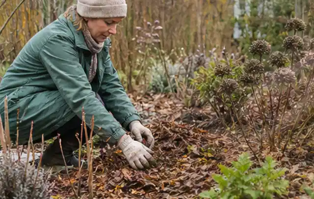 Person verteilt eine schützende Mulchschicht zwischen winterlichen Stauden; Thema Spinnmilben, Schwerpunkt Bestimmung; Umsetzung.