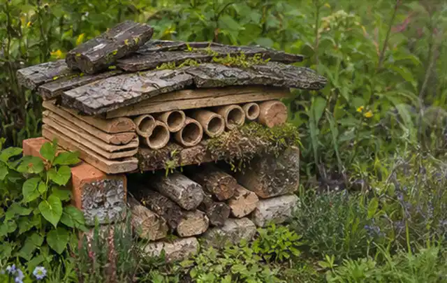 Naturnaher Unterschlupf aus Holz Rinde und Pflanzenstängeln im Garten; Thema Spinnmilben, Schwerpunkt Bestimmung; Praxisalltag.