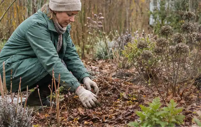 Person verteilt eine schützende Mulchschicht zwischen winterlichen Stauden; Thema Spinnmilben, Schwerpunkt Fehlerhilfe; Ergebnis.