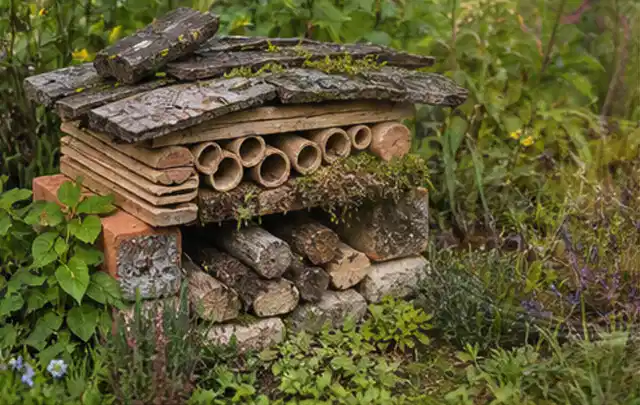 Naturnaher Unterschlupf aus Holz Rinde und Pflanzenstängeln im Garten; Thema Spinnmilben, Schwerpunkt Fehlerhilfe; Praxisalltag.