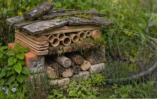 Naturnaher Unterschlupf aus Holz Rinde und Pflanzenstängeln im Garten; Thema Spinnmilben, Schwerpunkt Gewächshaus; Ausgangslage.
