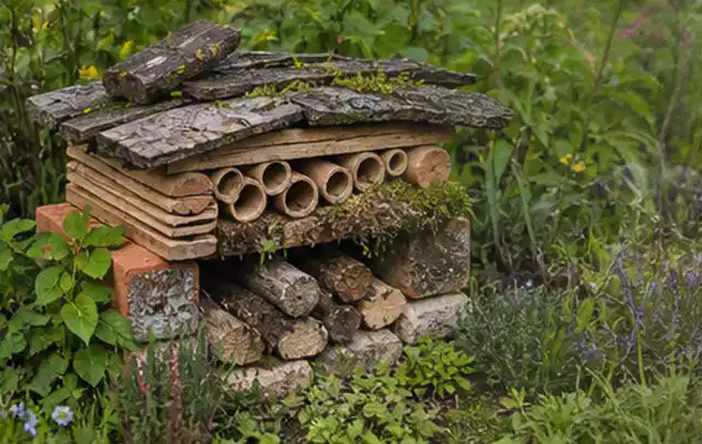 Naturnaher Unterschlupf aus Holz Rinde und Pflanzenstängeln im Garten; Thema Spinnmilben, Schwerpunkt Giftfreie Hilfe; Ausgangslage.