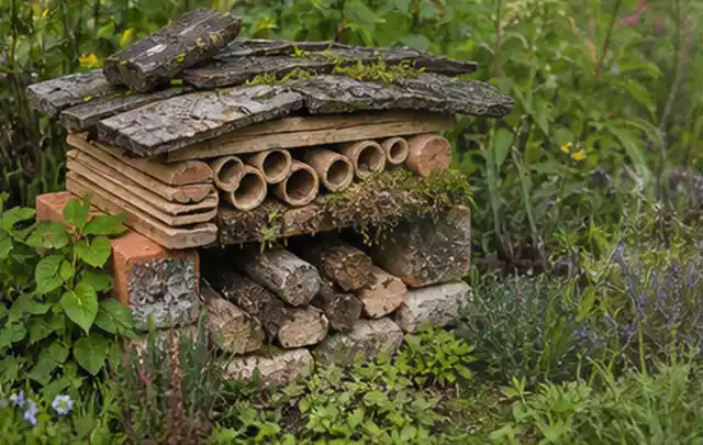 Naturnaher Unterschlupf aus Holz Rinde und Pflanzenstängeln im Garten; Thema Spinnmilben, Schwerpunkt Hausmittel; Ergebnis.