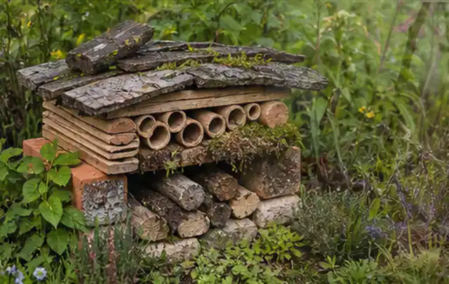 Naturnaher Unterschlupf aus Holz Rinde und Pflanzenstängeln im Garten; Thema Spinnmilben, Schwerpunkt Natürliche Bekämpfung; Ergebnis.