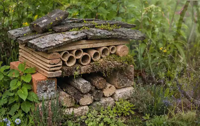 Naturnaher Unterschlupf aus Holz Rinde und Pflanzenstängeln im Garten; Thema Spinnmilben, Schwerpunkt Nützlinge; Praxisalltag.