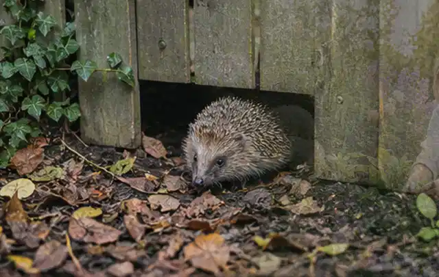 Igel nutzt einen bodennahen Durchgang unter einem hölzernen Gartenzaun; Thema Spinnmilben, Schwerpunkt Pflanzenhilfe; Kontrolle.