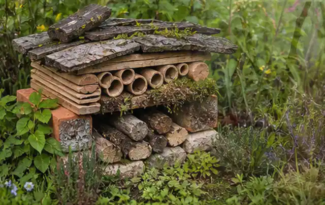 Naturnaher Unterschlupf aus Holz Rinde und Pflanzenstängeln im Garten; Thema Spinnmilben, Schwerpunkt Pflanzenhilfe; Praxisalltag.