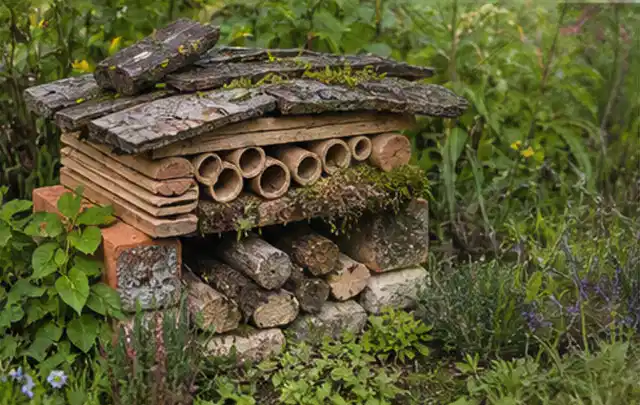 Naturnaher Unterschlupf aus Holz Rinde und Pflanzenstängeln im Garten; Thema Spinnmilben, Schwerpunkt Saison; Praxisalltag.