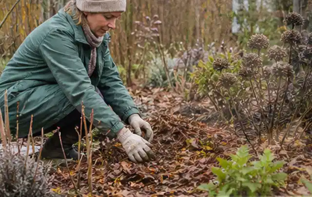 Person verteilt eine schützende Mulchschicht zwischen winterlichen Stauden; Thema Spinnmilben, Schwerpunkt Schadbild; Umsetzung.