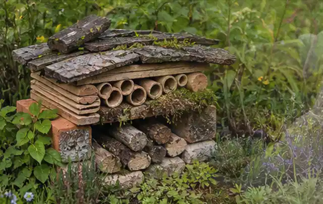 Naturnaher Unterschlupf aus Holz Rinde und Pflanzenstängeln im Garten; Thema Spinnmilben, Schwerpunkt Ursachen; Ausgangslage.