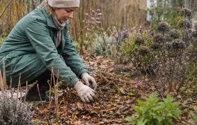 Person verteilt eine schützende Mulchschicht zwischen winterlichen Stauden; Thema Spinnmilben, Schwerpunkt Ursachen; Praxisalltag.