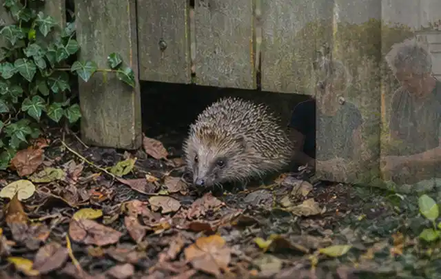 Igel nutzt einen bodennahen Durchgang unter einem hölzernen Gartenzaun; Thema Spinnmilben, Schwerpunkt Vorbeugung; Ausgangslage.