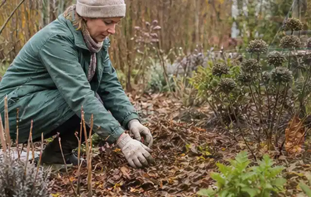 Person verteilt eine schützende Mulchschicht zwischen winterlichen Stauden; Thema Spinnmilben, Schwerpunkt Vorbeugung; Ergebnis.