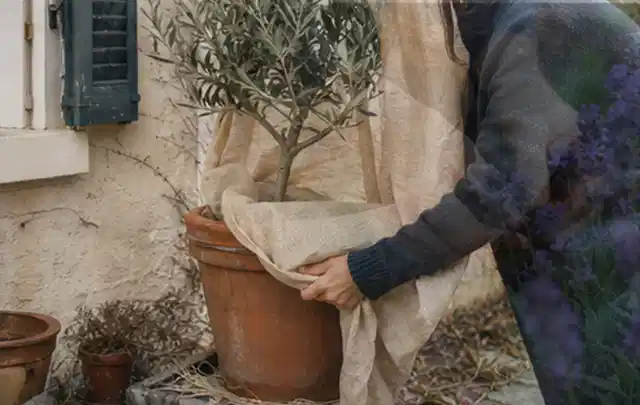 Person umhüllt eine mediterrane Kübelpflanze mit atmungsaktivem Winterschutz; Thema Stauden, Schwerpunkt Bewässerung; Ausgangslage.