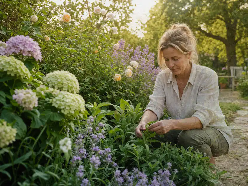 Person pflegt üppige Pflanzen in einem natürlich beleuchteten Garten; Thema Stauden, Schwerpunkt Boden; Titelbild.
