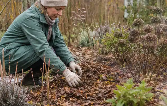 Person verteilt eine schützende Mulchschicht zwischen winterlichen Stauden; Thema Stauden, Schwerpunkt Boden; Ergebnis.