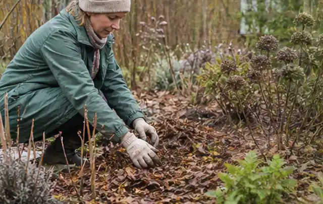Person verteilt eine schützende Mulchschicht zwischen winterlichen Stauden; Thema Stauden, Schwerpunkt Einsteigerwissen; Umsetzung.