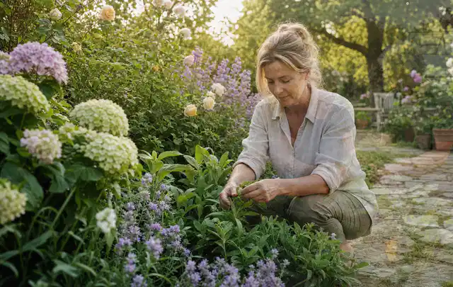 Person pflegt üppige Pflanzen in einem natürlich beleuchteten Garten; Thema Stauden, Schwerpunkt Fehlerhilfe; Umsetzung.