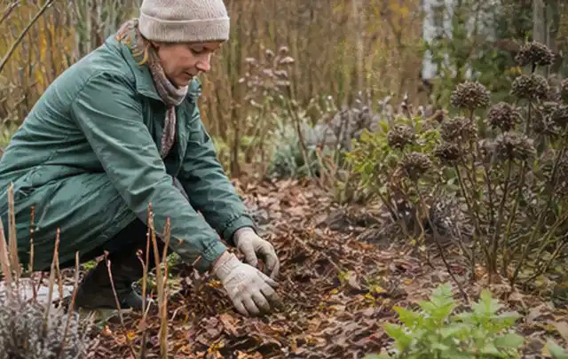 Person verteilt eine schützende Mulchschicht zwischen winterlichen Stauden; Thema Stauden, Schwerpunkt Fehlerhilfe; Praxisalltag.