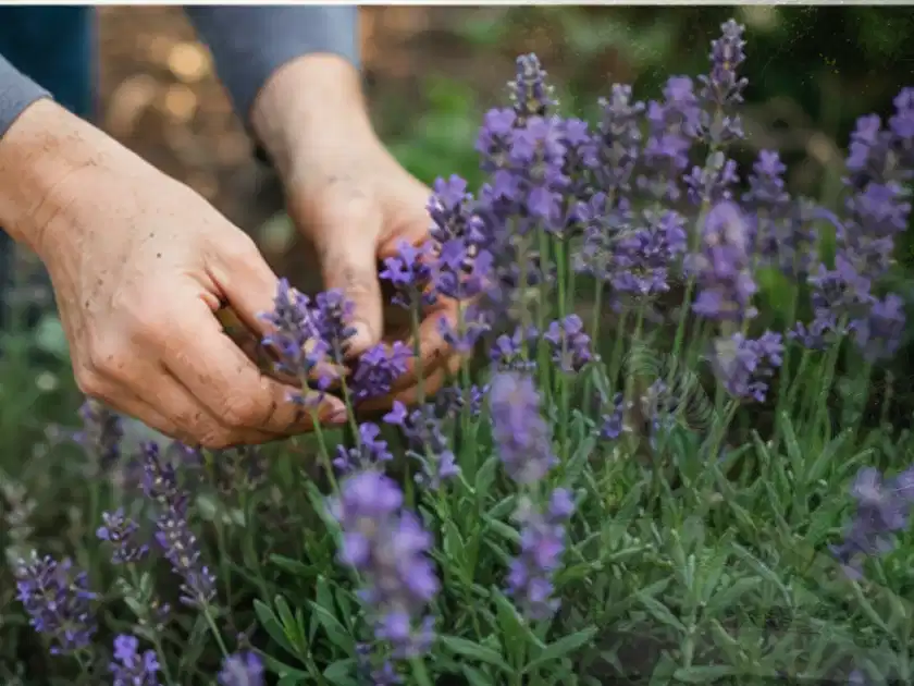 Hände pflegen blühenden Lavendel in einem natürlich angelegten Gartenbeet; Thema Stauden, Schwerpunkt Gartenpraxis; Titelbild.