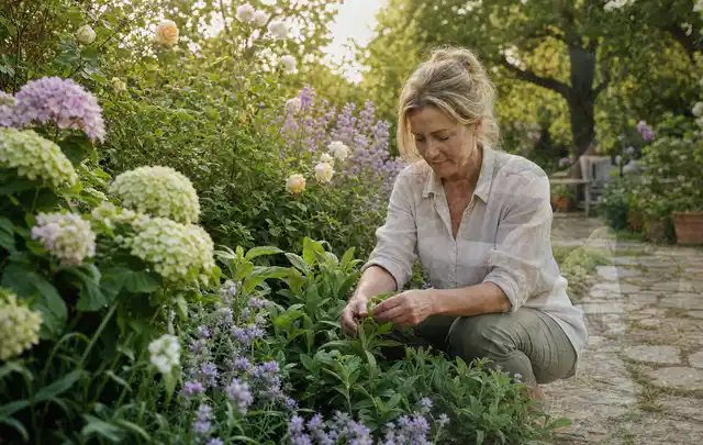 Person pflegt üppige Pflanzen in einem natürlich beleuchteten Garten; Thema Stauden, Schwerpunkt Gartenpraxis; Ergebnis.