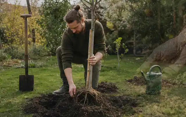 Person setzt einen jungen Zierbaum in ein vorbereitetes Pflanzloch im Garten; Thema Stauden, Schwerpunkt Gartenpraxis; Praxisalltag.