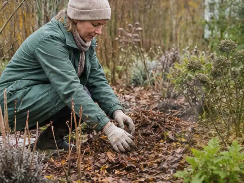 Person verteilt eine schützende Mulchschicht zwischen winterlichen Stauden; Thema Stauden, Schwerpunkt Jahrespflege; Titelbild.