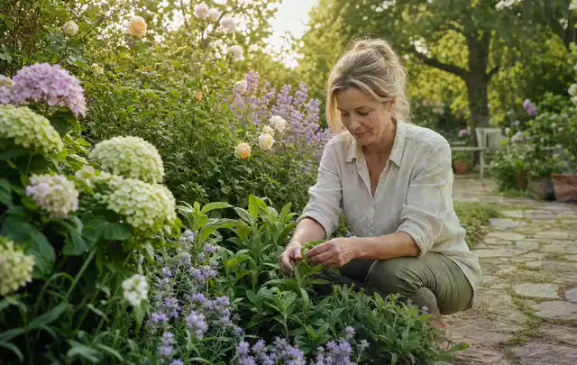 Person pflegt üppige Pflanzen in einem natürlich beleuchteten Garten; Thema Stauden, Schwerpunkt Jahrespflege; Umsetzung.
