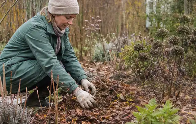 Person verteilt eine schützende Mulchschicht zwischen winterlichen Stauden; Thema Stauden, Schwerpunkt Pflanzen; Umsetzung.