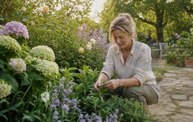 Person pflegt üppige Pflanzen in einem natürlich beleuchteten Garten; Thema Stauden, Schwerpunkt Pflanzen; Ergebnis.