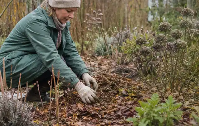 Person verteilt eine schützende Mulchschicht zwischen winterlichen Stauden; Thema Stauden, Schwerpunkt Pflanzengesundheit; Umsetzung.