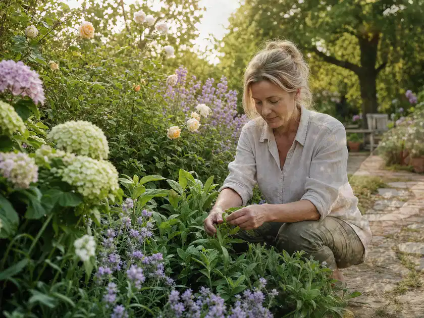Person pflegt üppige Pflanzen in einem natürlich beleuchteten Garten; Thema Stauden, Schwerpunkt Sortenwahl; Titelbild.